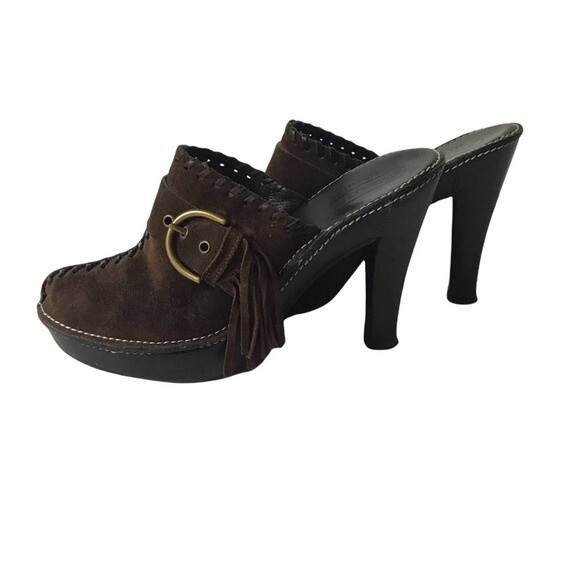 Coach Katryna Brown Suede Fringe Buckle Mules 7B - Picture 2 of 9